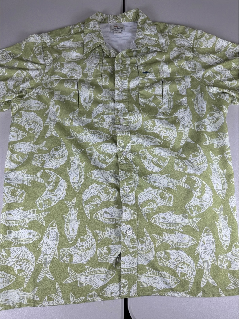 Bob Timberlake Men's XL Fish Print Button-Up Shirt Green White Polyester
